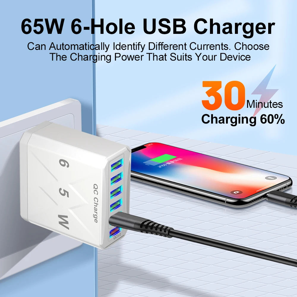 65W 6 Ports USB Charger Fast Charging QC3.0 Travel Charger For iPhone 14 Samsung Xiaomi Mobile Phone Adapter EU KR US UK Plug