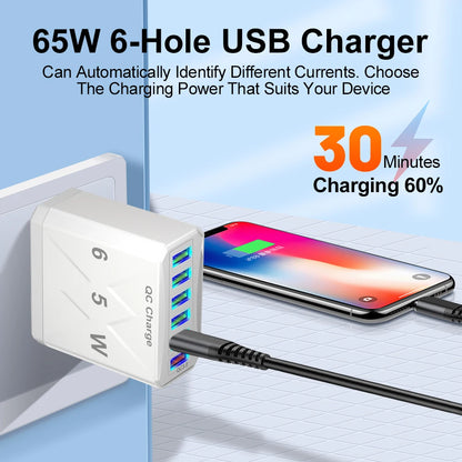 65W 6 Ports USB Charger Fast Charging QC3.0 Travel Charger For iPhone 14 Samsung Xiaomi Mobile Phone Adapter EU KR US UK Plug