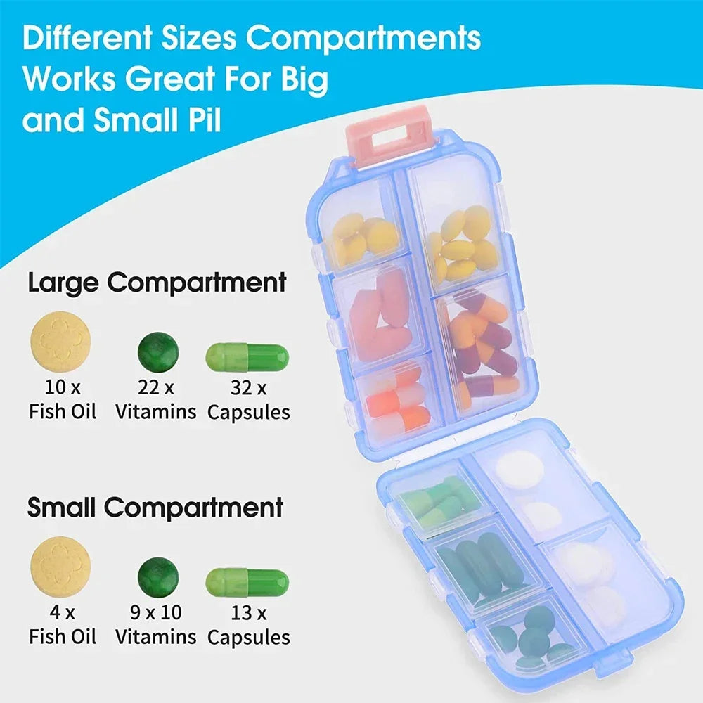 8 Compartments Travel Pill Organizer, Moisture-Proof Pill Case, Purse Daily Pill Box Portable Medicine Vitamin Holder Containers